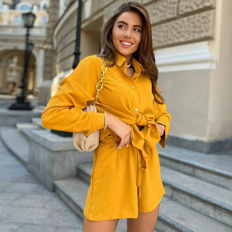 European And American Suit Women's Fashion Casual Linen Fabric Loose Shirt Lace up Summer Shorts Two piece Set Orange Yellow - Shop at LoveMi