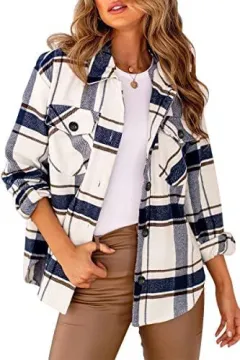 Women's Casual Button Long Sleeve Tops Shirt With Pocket - Bluewhite - View 1