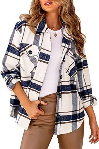 Women's Casual Button Long Sleeve Tops Shirt With Pocket Bluewhite - Shop at LoveMi