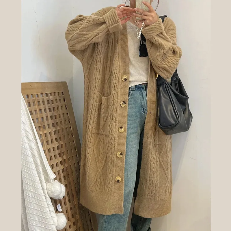 Women's Twist Knitted Cardigan Autumn And Winter Lazy Style Sweater Coat - Khaki