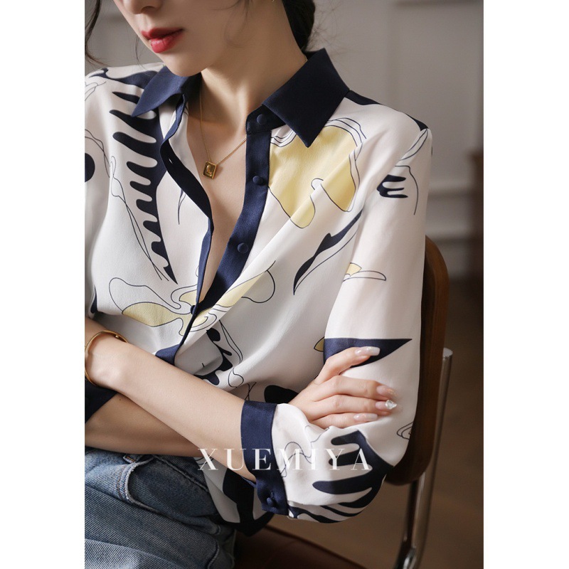 Artificial Silk Printed Shirt Women's Design Sense Niche Retro Hong Kong Style