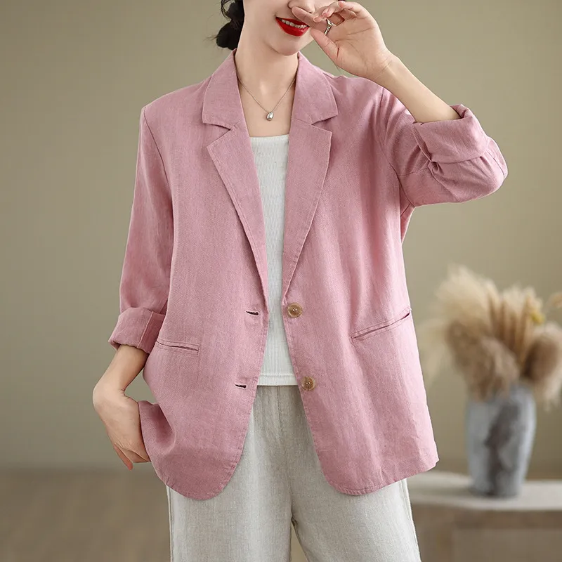 Loose Suit Collar Long Sleeve Small Business Suit Coat Top - Pink
