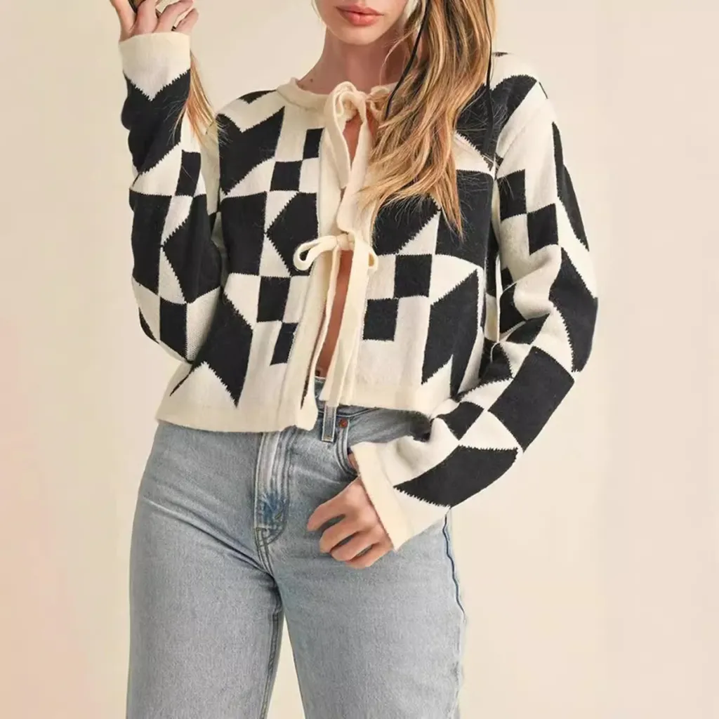 Geometric Lace-up Cardigan Sweater Long Sleeve - Black