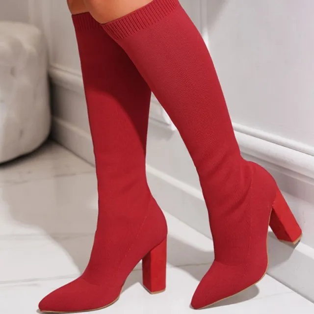 Autumn And Winter Large Size Women's Shoes Pointed Toe Chunky Heel Stretch Below The Knee Red - Shop at LoveMi