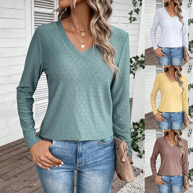 Womens Casual Solid-color V-neck Long-sleeve Top