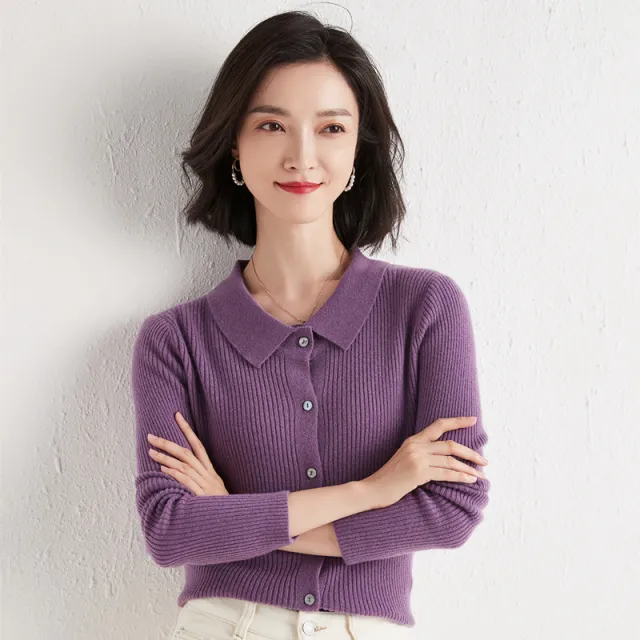 Polo Collar Slim Fit Slimming Long Sleeves Top Breasted Cardigan Purple - Shop at LoveMi