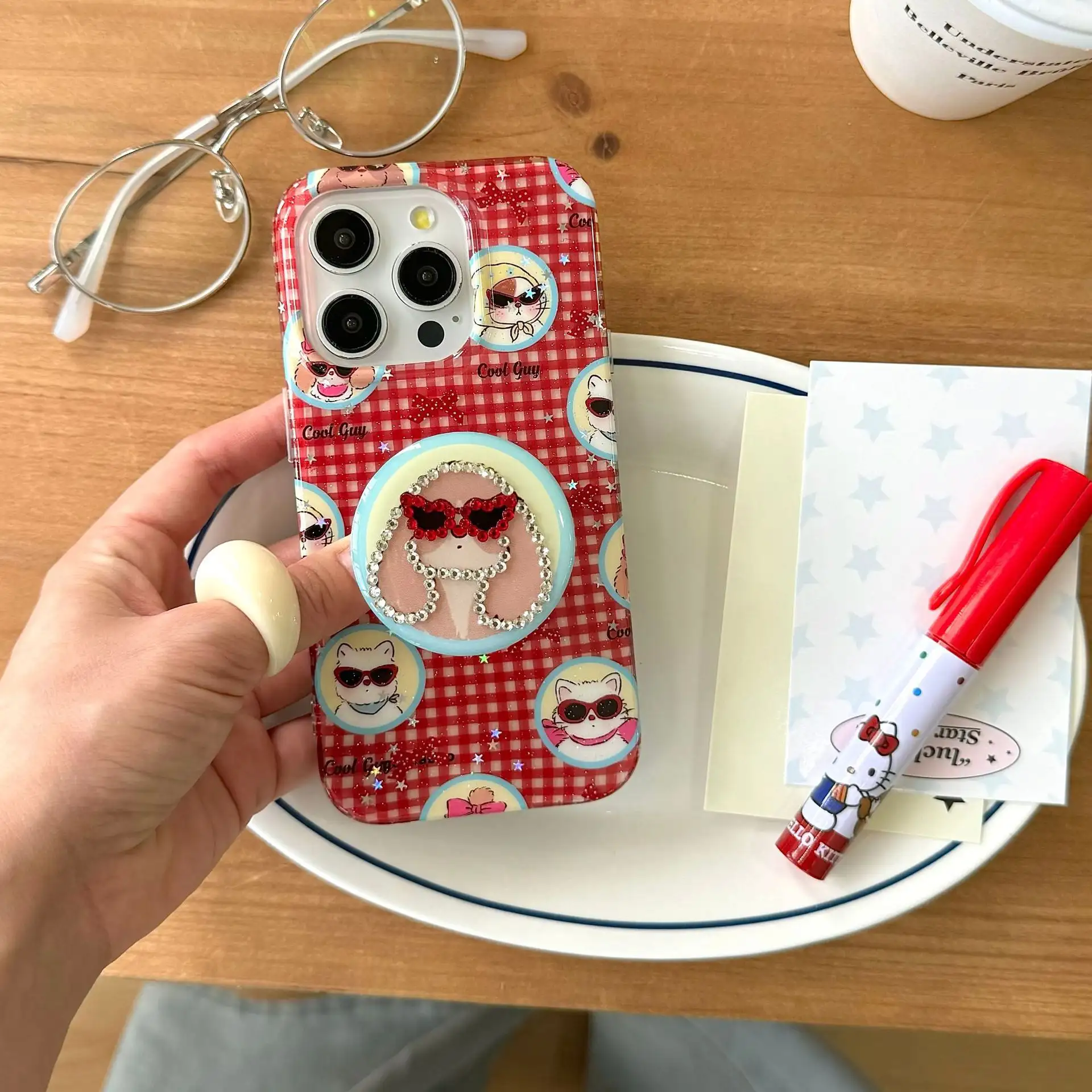 Cartoon Glasses Puppy Spot Drill Phone Case Holder Sets