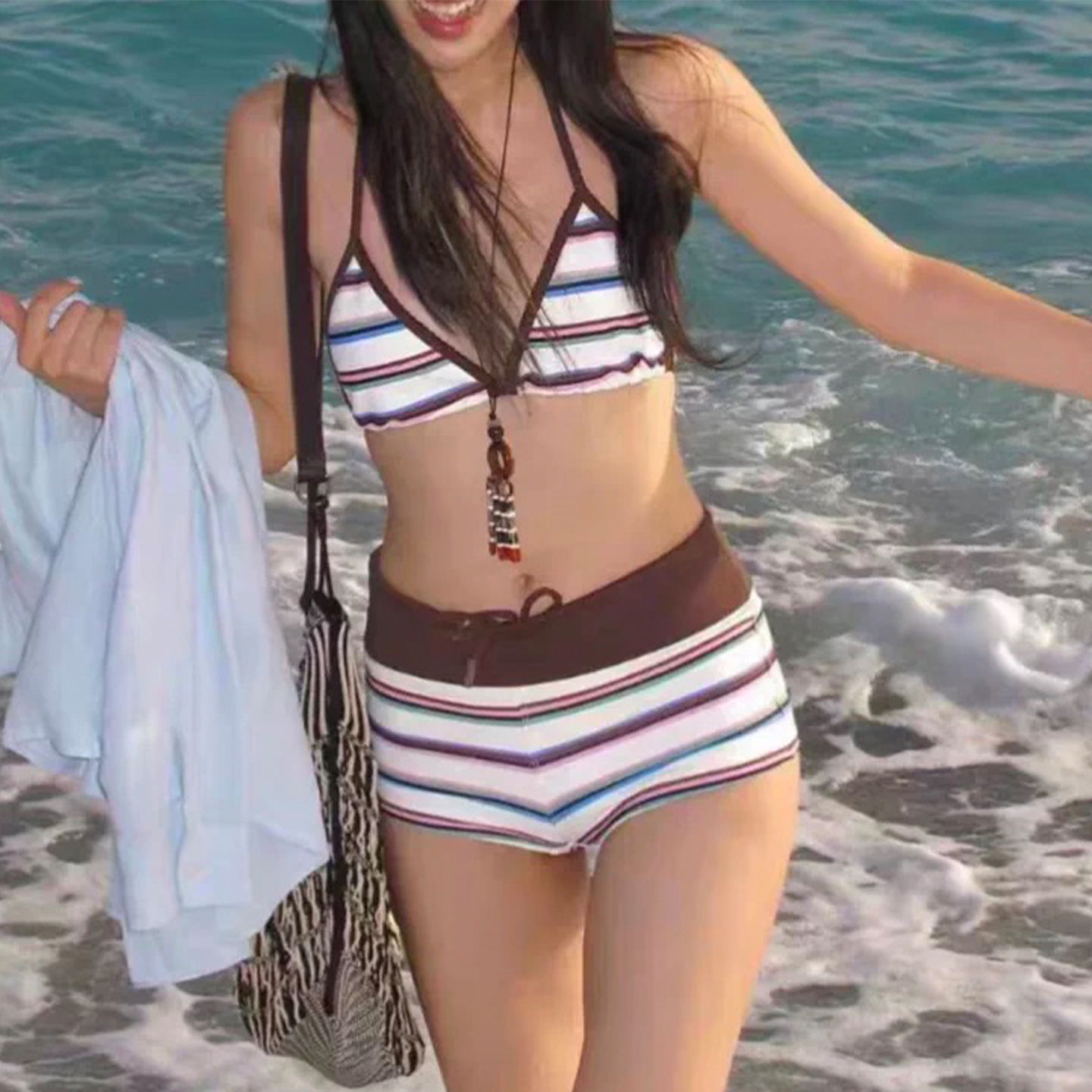 Contrast-striped Drawstring Two-piece Beach Swimsuit With A Premium Vibe