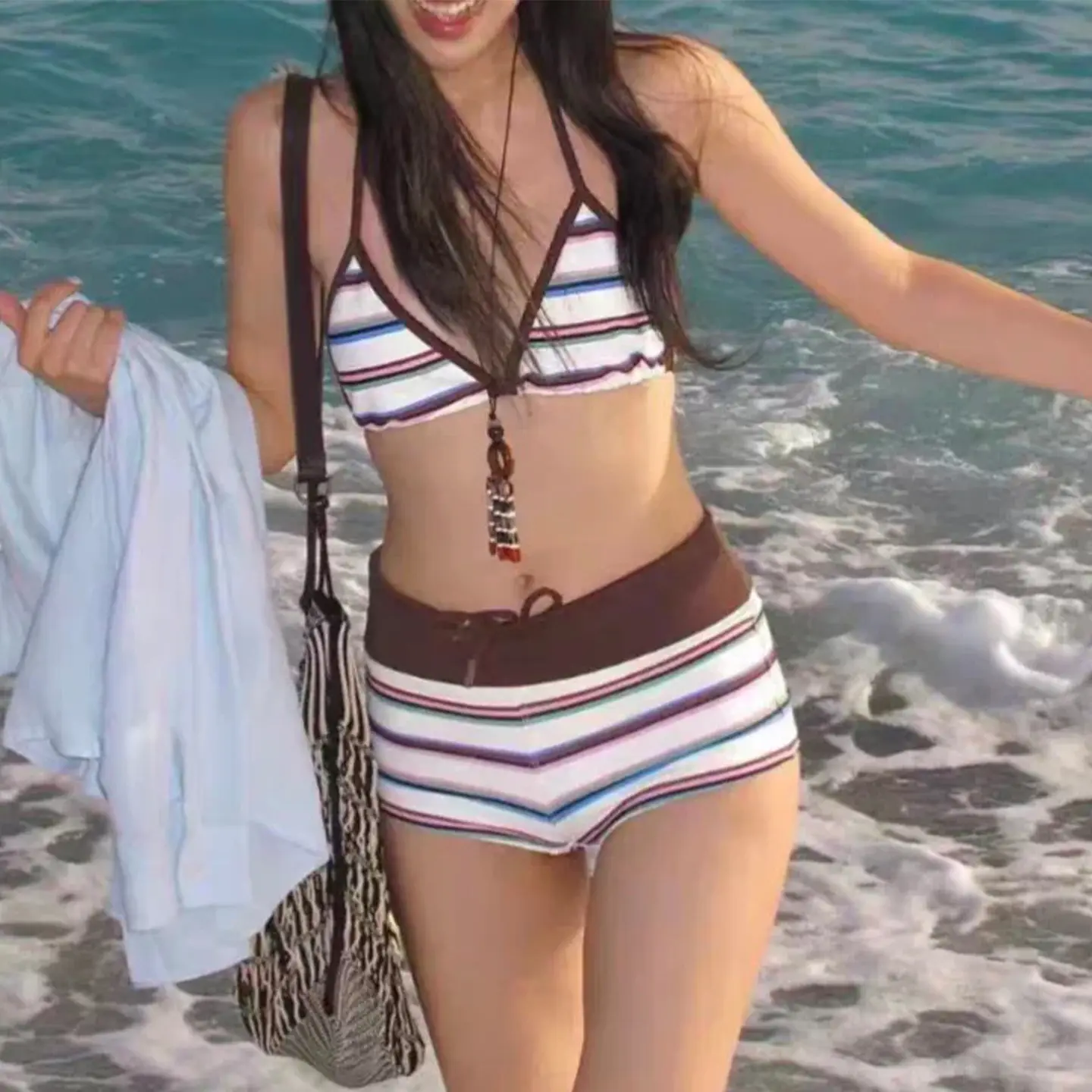 Contrast-striped Drawstring Two-piece Beach Swimsuit
