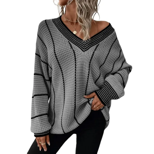 Autumn And Winter Knitted V neck Striped Sweater Gray - Shop at LoveMi