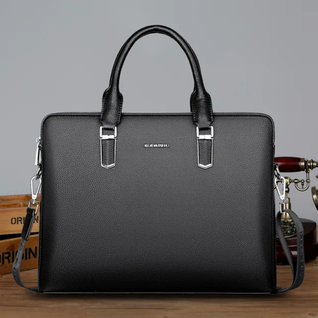 Men's Handbag Double Pull Large Capacity Business Computer Bag Authentic Leather Tactile Feel Black - Shop at LoveMi