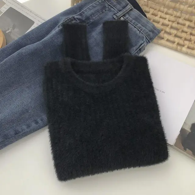 Mink Round Neck Vertical Texture Solid Color Long Sleeve Sweater Women's Autumn Clothing Korean Style Sweet All matching Cropped Pullover Sweater ... Black - Shop at LoveMi