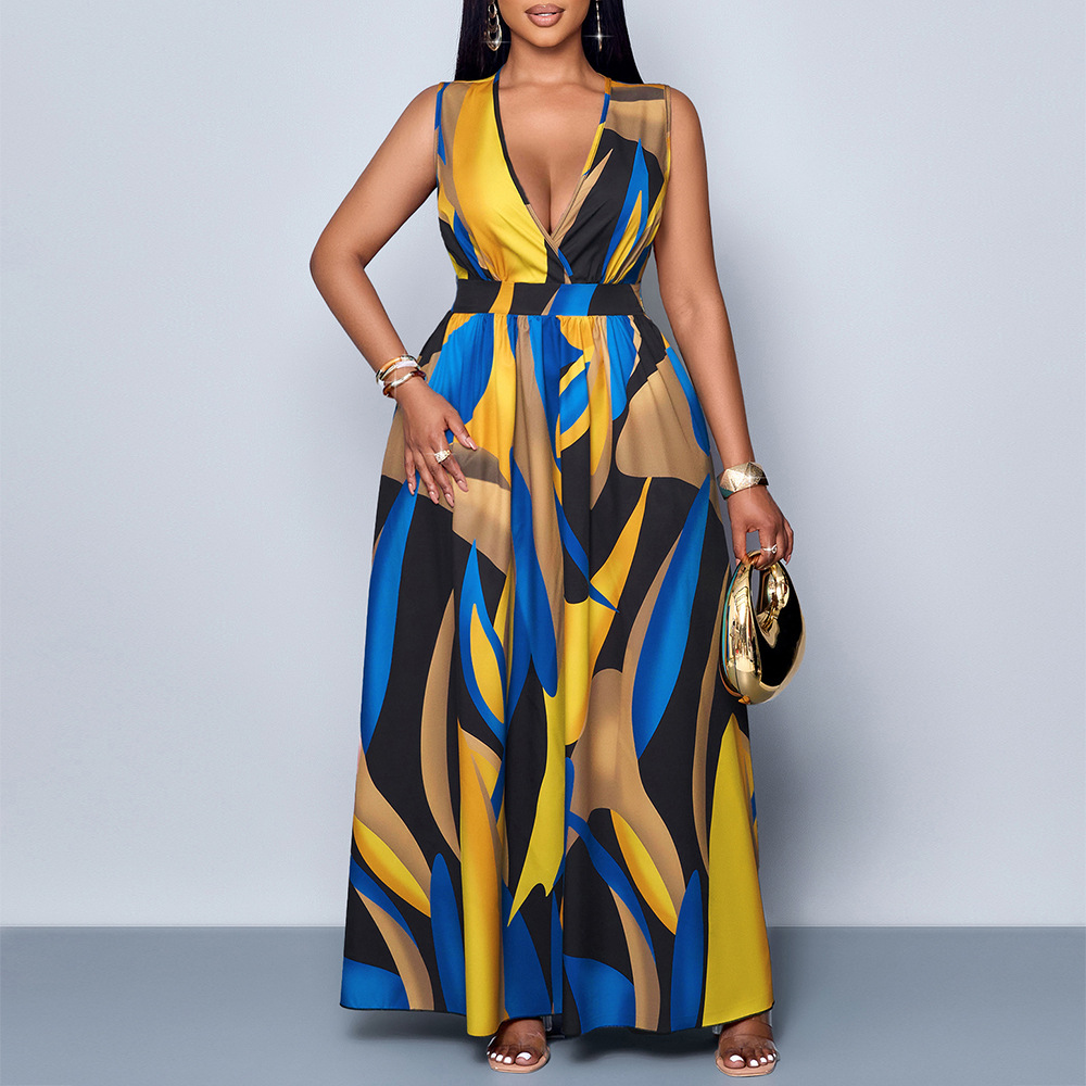 V-neck Printed Plus Size Loose Sleeveless Dress Women