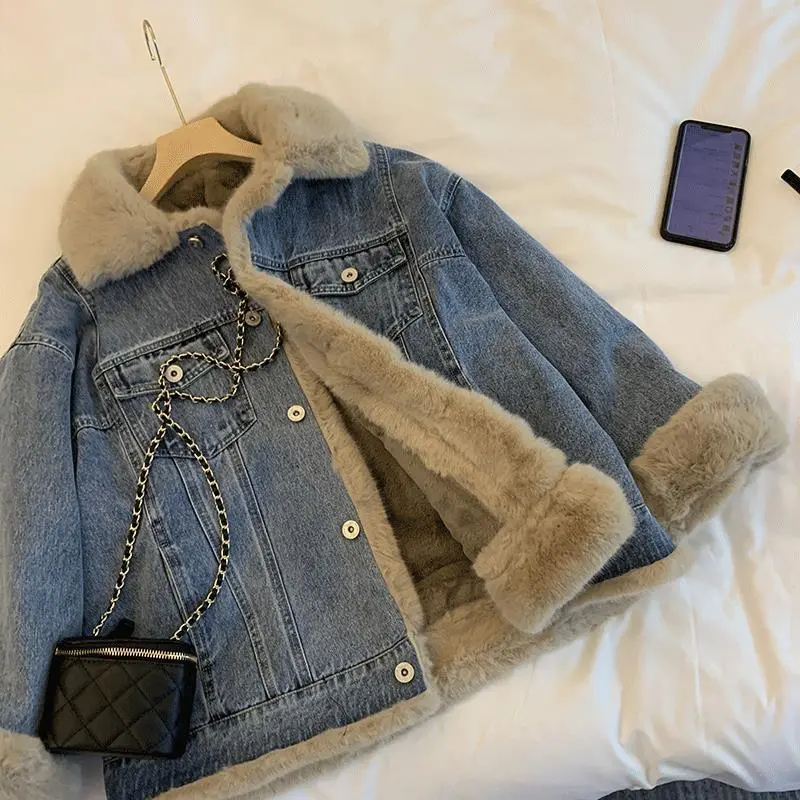 Loose Casual Furry Fleece-lined Thickened Cotton Clothing Parka - Brown