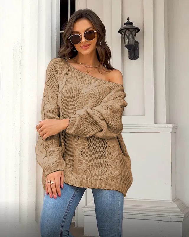 Off neck Cable knit Pullover Loose fitting Oversized Sweater Khaki - Shop at LoveMi