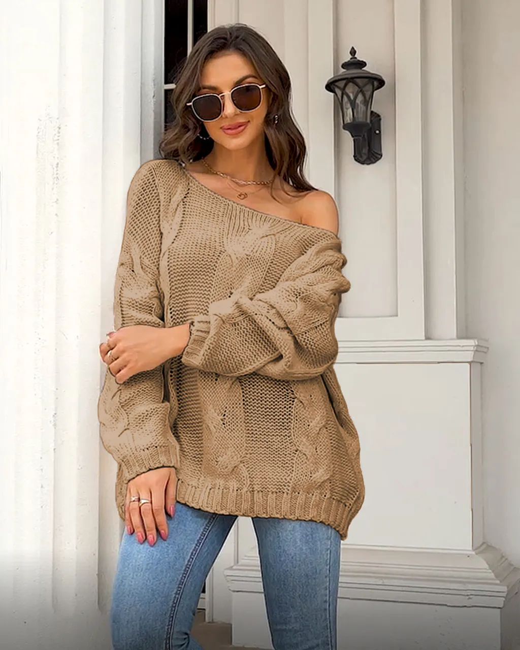 Off-neck Cable-knit Pullover Loose-fitting Oversized Sweater - Khaki