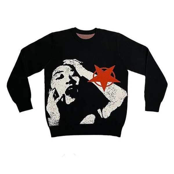 Autumn Winter Y2g Portrait Streetwear Harajuku Knitted Gothic Punk Sweater Black - Shop at LoveMi