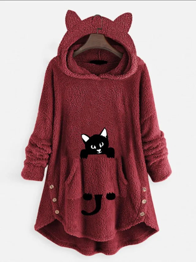 Hooded Long sleeve Double sided Fleece Women's Plus size Coat Wine - Shop at LoveMi