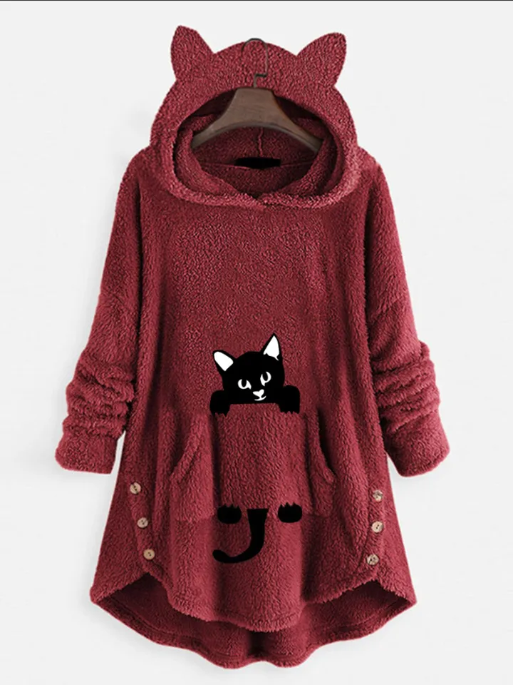 Hooded Long-sleeve Double-sided Fleece Women's Plus-size Coat - Wine