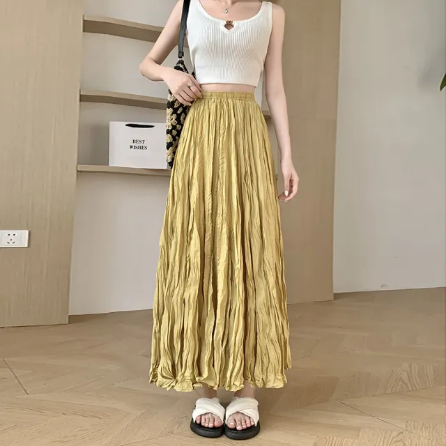 Fashion Skirt Women's Mid length Pleated All match Dress Yellow - Shop at LoveMi