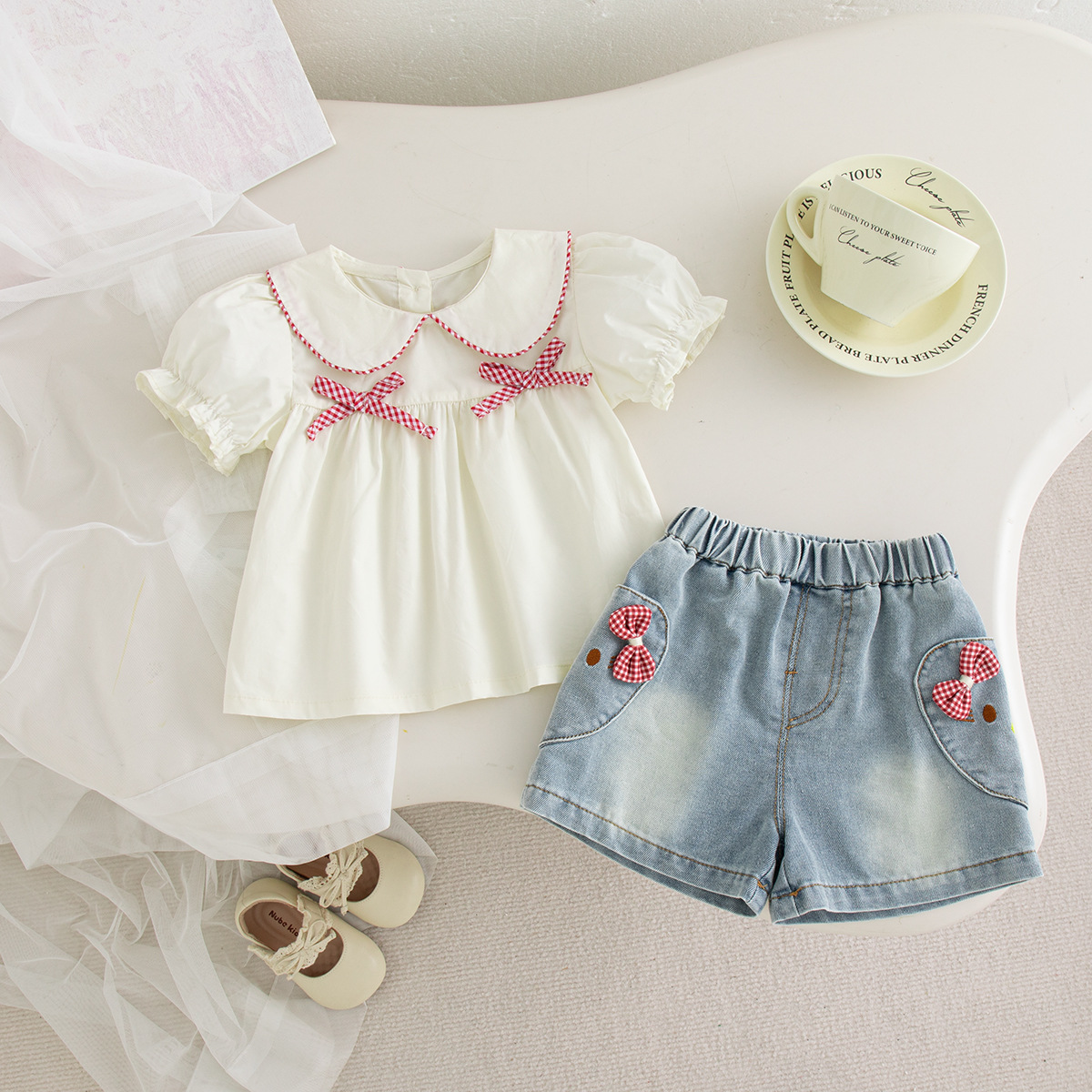 Bow-knot Doll Shirt Denim Shorts Two-piece Set