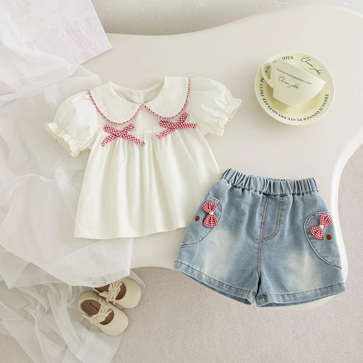 Bow-knot Doll Shirt Denim Shorts Two-piece Set