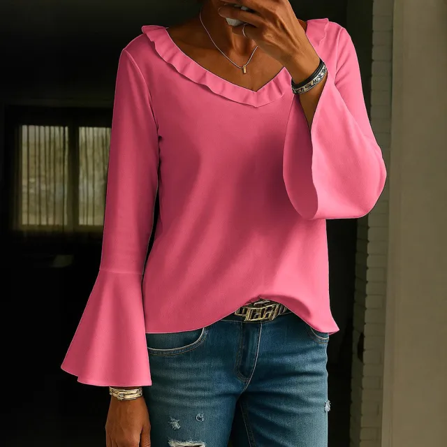 Casual Loose fitting V neck Long Sleeves T shirt Rose Red - Shop at LoveMi