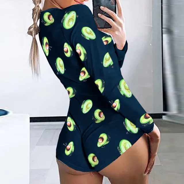 Printed Long sleeved Pajamas Deep V Nightclub Tight Sexy Jumpsuit 010Style M - Shop at LoveMi