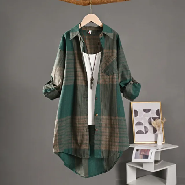 New Cotton linen Top Retro Springfall Plaid Shirt Green - Shop at LoveMi