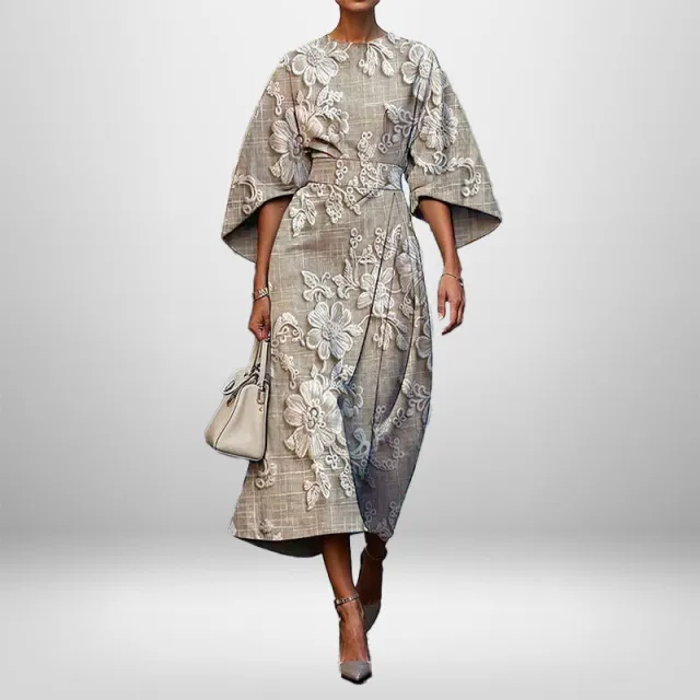 Women's Elegant Fashion Print Round Neck Long Dress Gray White Printing - Shop at LoveMi