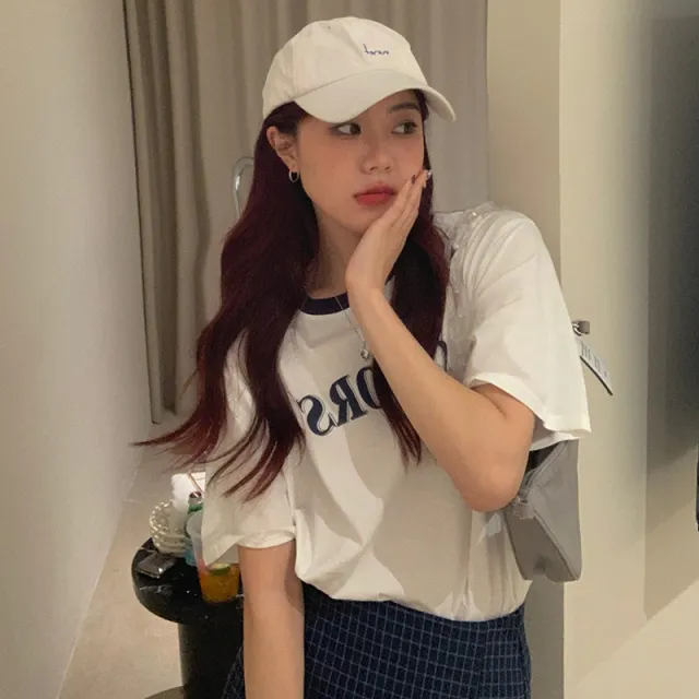 Summer Korean Style Women's Cotton Heel Wrapped Collar BF Style Loose Contrast Color Letter Print Short sleeve White - Shop at LoveMi