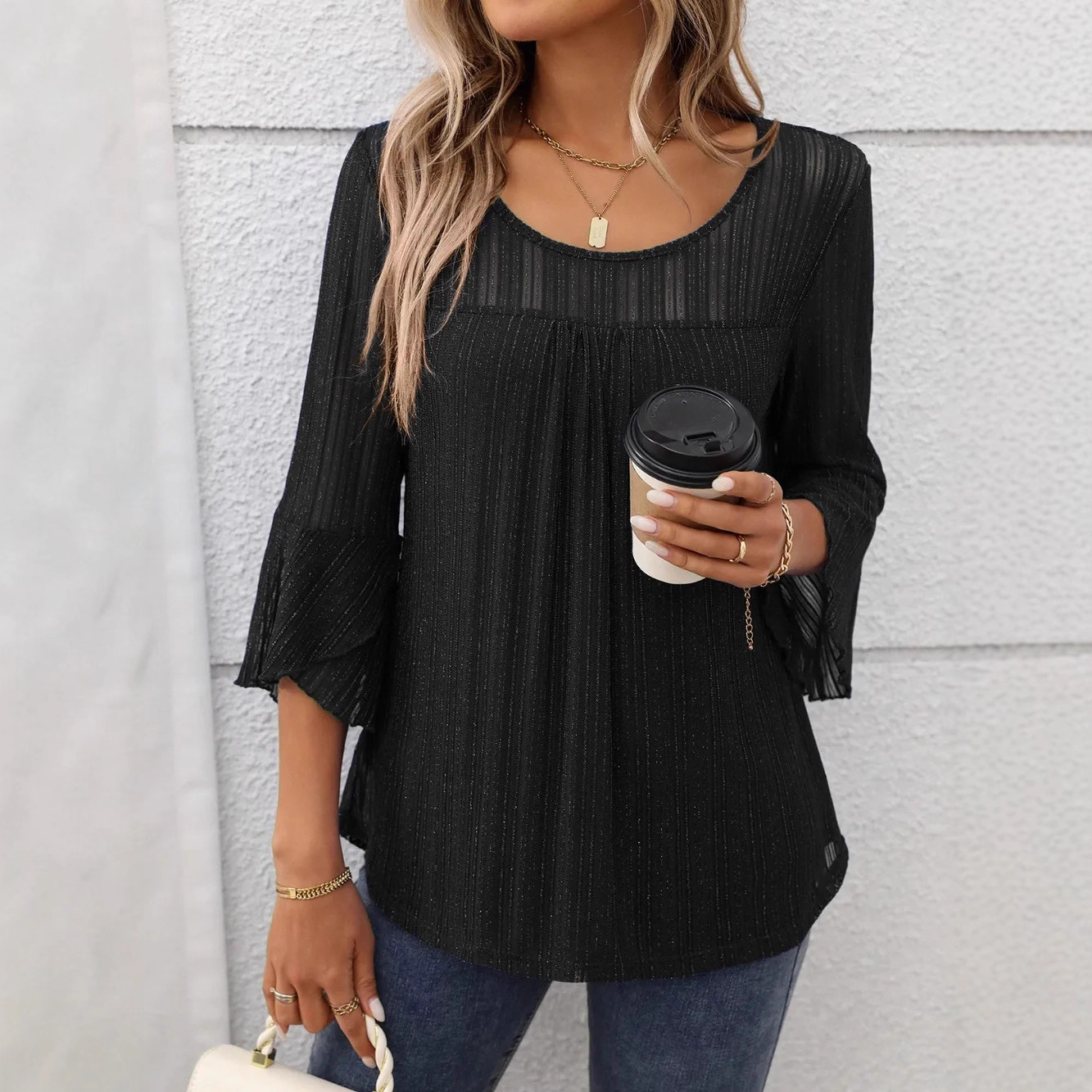 Cross-Border Black Elegant Loose Top With See-Through Long Sleeves And A Round Neck