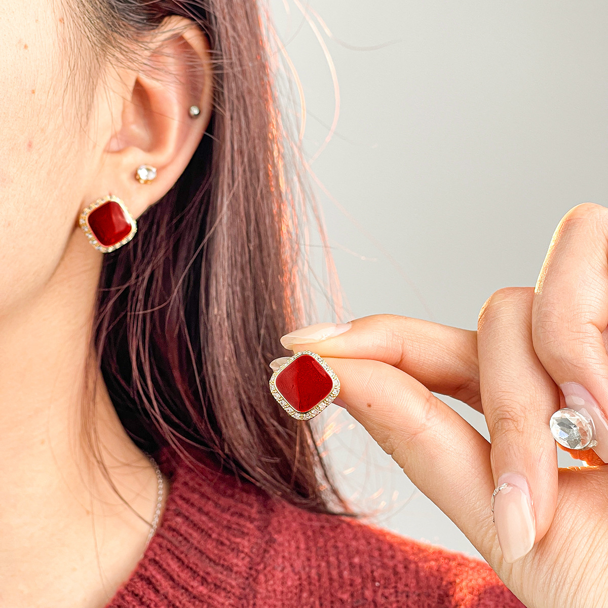 Retro Red Plate Temperament Inlaid Square Simple And Stylish Earrings