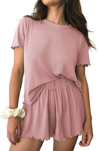Relaxed Casual Cre Neck Short Sleeve Top And Shorts Set Pink - Shop at LoveMi