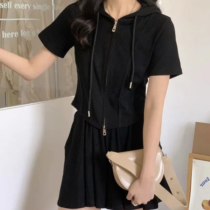 Stylish Commuter Design Hooded Two-Zipper Short-Sleeve Culotte Two-Piece Set - Black