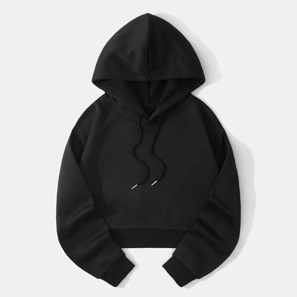 Autumn And Winter Fleece-lined Casual Short Cropped Hooded Sweatshirt - Black
