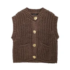 Women's Thick Needle Sleeveless Knit Vest - Coffee - View 1