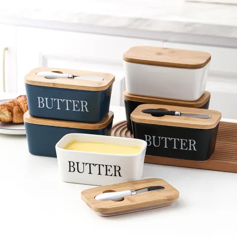 Butter Box Sealed Can Bamboo Cover Cheese with Knife