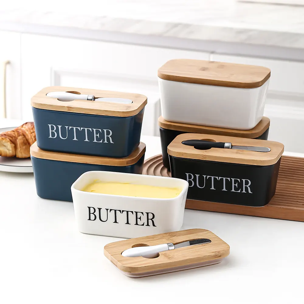 Butter Box Sealed Can Bamboo Cover Cheese with Knife