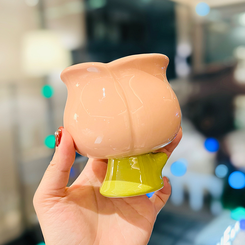 Good-looking Tulip Peach Ceramic Water Cup With Spoon