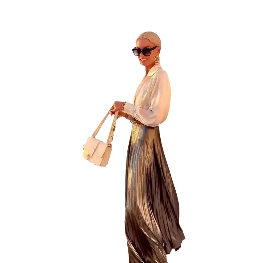 Satin Long Sleeve Shirt & Glossy Skirt Suit