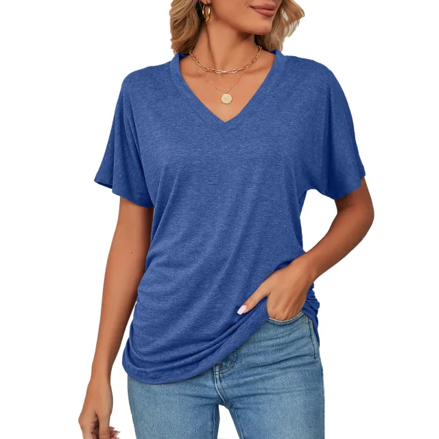 Leisure Pullover V neck Solid Color Loose T shirt Women's Top Dream Blue - Shop at LoveMi