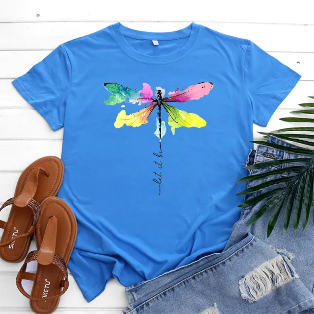 Women's Fashion Casual Dragonfly Printed Round Neck Short Sleeve T shirt Top Blue - Shop at LoveMi