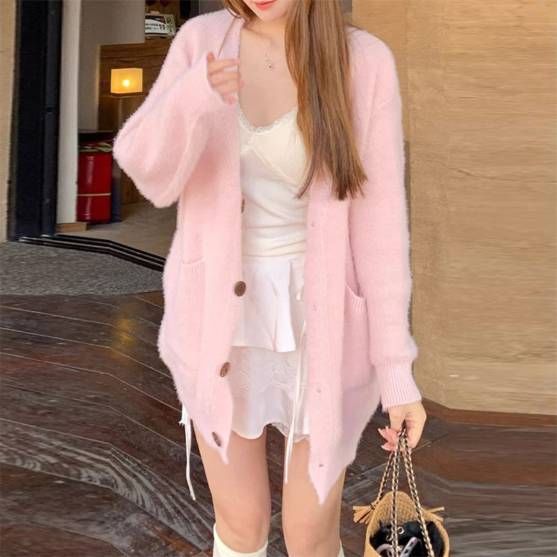 Women's Soft And Lazy V neck Knitted Jacket Pink - Shop at LoveMi