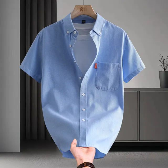Short sleeved Shirt Men's High Cotton Light Luxury Artistic Solid Color Sky Blue - Shop at LoveMi
