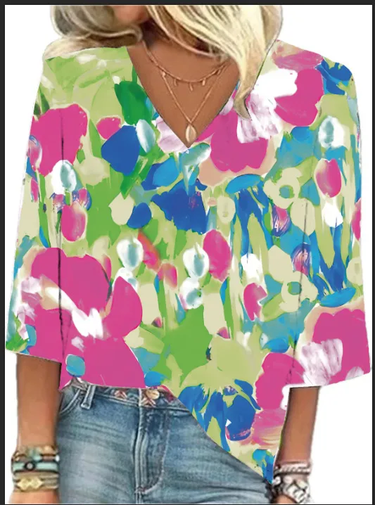 Women's European And American All matching Printed Casual V neck Shirt New Floral Print J - Shop at LoveMi