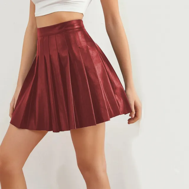 Popular PU Pleated Skirt Summer Short Skirt Elegant High Waist Leather Skirt European And American Style Cross border Wine Red - Shop at LoveMi