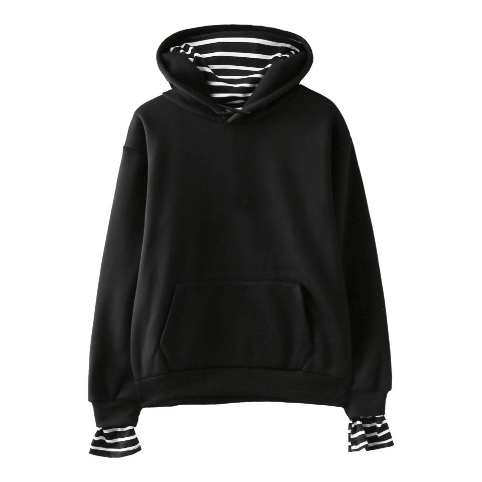 Solid Color False Two-piece Hooded Pullover Fleece Striped Oversleeves Korean Style Trendy Hooded Blank Fake Two Pieces