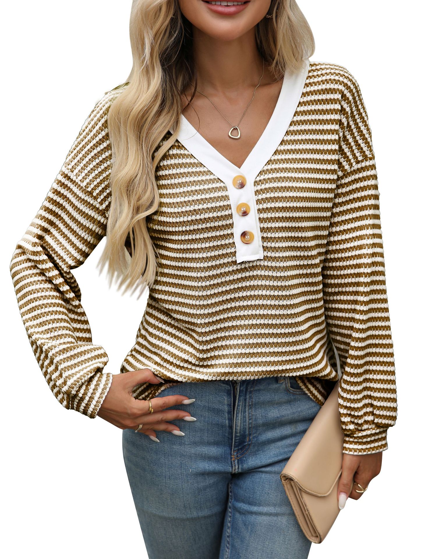 Women's V-neck Buttons Pullover Patchwork Casual Long-sleeved Top