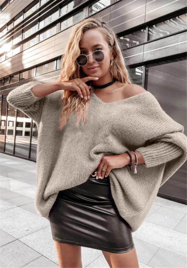 New Loose V neck Off shoulder Knitwear Casual Khaki - Shop at LoveMi